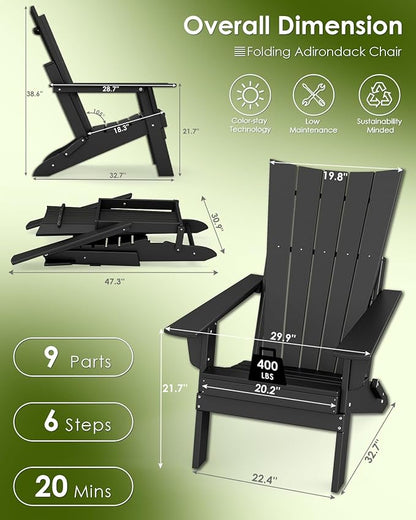 GREENVINES Folding-Adirondack-Chairs-Set-of-4 | HDPE Plastic | Arch Series | Fire Pit Chair | All Weather | for Outdoor Patio Deck Backyard Poolside | Black