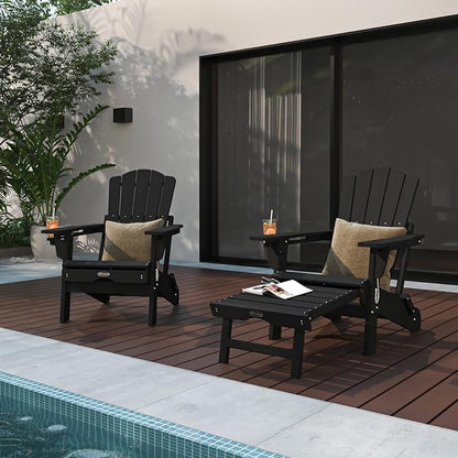 Adjustable Adirondack Chairs with Retractable Ottoman Set of 4, HDEP Folding Adirondack Chair with Footrest & Cup Holder, All Weather Fire Pit Chair for Outdoor,Black
