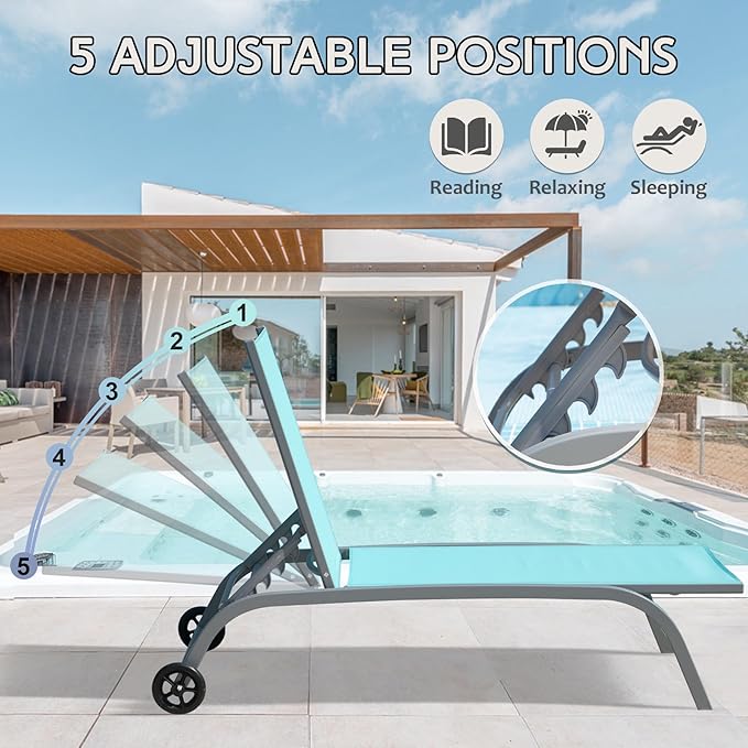 Domi Pool Lounge Chairs Set of 2, Adjustable Aluminum Outdoor Chaise Lounge with Wheels Patio Lounge Chairs, All Weather for Deck Lawn Poolside Backyard-Turquoise Blue Textilene