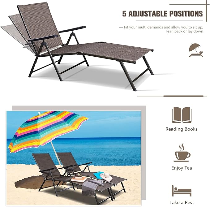 S AFSTAR Patio Chaise Lounges, Outdoor Reclining Lounge Chairs with Adjustable Backrest & Heavy Duty Steel Frame, Recliner Chair for Poolside Lawn Backyard (2)