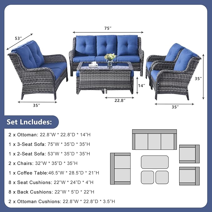 Rilyson Wicker Patio Furniture Set - 7 PC Rattan Outdoor Sectional Conversation Sets with 2 Rocking Swivel Chairs - Photo 3