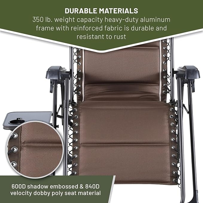 TIMBER RIDGE Aluminum Zero Gravity Chairs, Folding Recliner Chair Padded with Cup Holder and Headrest, Adjustable Lounge Reclining Chair for Outdoor Camping Lawn Patio Indoor, Supports 350lbs, Brown