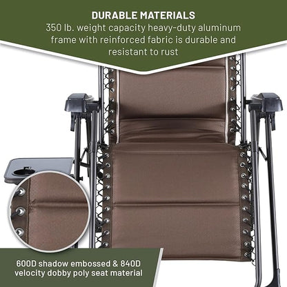 TIMBER RIDGE Aluminum Zero Gravity Chairs, Folding Recliner Chair Padded with Cup Holder and Headrest, Adjustable Lounge Reclining Chair for Outdoor Camping Lawn Patio Indoor, Supports 350lbs, Brown