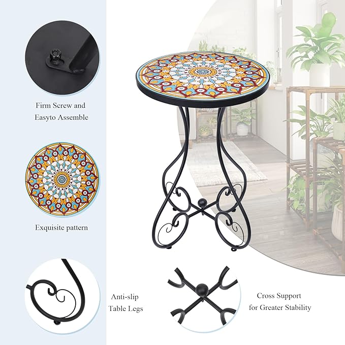 VCUTEKA Mosaic Outdoor Side Table, Round Rustproof Patio Table with 14" Ceramic Tile Top, Indoor Porch Accent Table for Yard, Garden, Living Room, Bistro Balcony