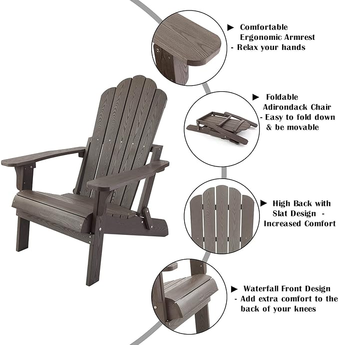 hOmeHua Folding Adirondack Chair Weather Resistant, Hard Plastic Imitation Wood Stripes Adirondack Chair, Easy to Fold Move & Maintain, Outdoor Chair for Patio, Backyard Deck, Fire Pit - Dark Brown
