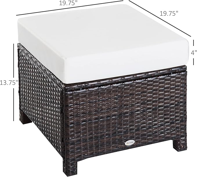 Outsunny 2 Piece 20" Patio Wicker Ottoman with Thick Padded Cushion, Multipurpose Outdoor PE Rattan Footrest, Additional Seating, Side Table, Dark Brown, White