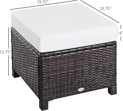 Outsunny 2 Piece 20" Patio Wicker Ottoman with Thick Padded Cushion, Multipurpose Outdoor PE Rattan Footrest, Additional Seating, Side Table, Dark Brown, White