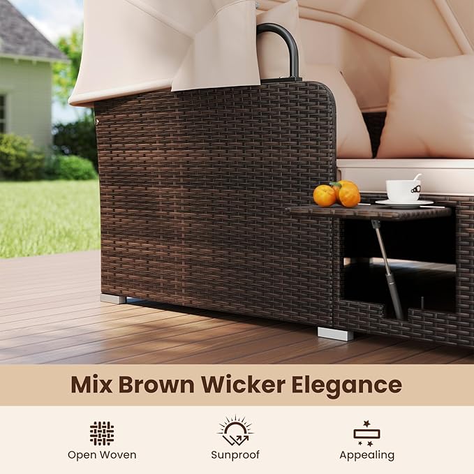 Tangkula Patio Rattan Daybed with Retractable Canopy, Outdoor Wicker Sunbed with 2 Foldable Side Tables - Photo 7