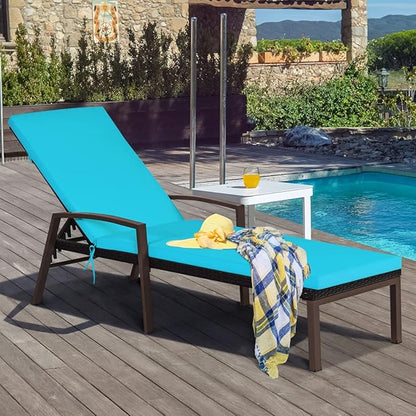 Tangkula Set of 2 Patio Rattan Chaise Lounge Chair, Outdoor Reclining Chaise with Cushion and Armrest, 2 Cushion Cover Sets, Wicker Sun Lounger with Adjustable Backrest for Garden (Turquoise & White)