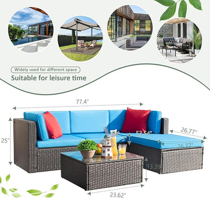 Devoko 5 Pieces Patio Furniture Sets All Weather Outdoor Sectional Patio Sofa Manual Weaving Wicker Rattan Patio Seating Sofas with Cushion and Glass Table (Blue)