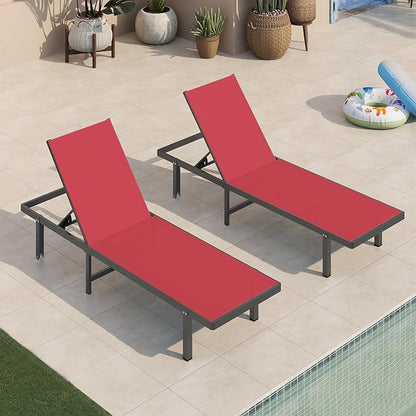 Aluminum Outdoor Lounge Chairs Set of 2, Pool Lounge Chairs with Wheels and 5-Position Recliner -Easy to Move- Patio Chaise Lounge Outdoor for Poolside, Deck, Beach (Red)