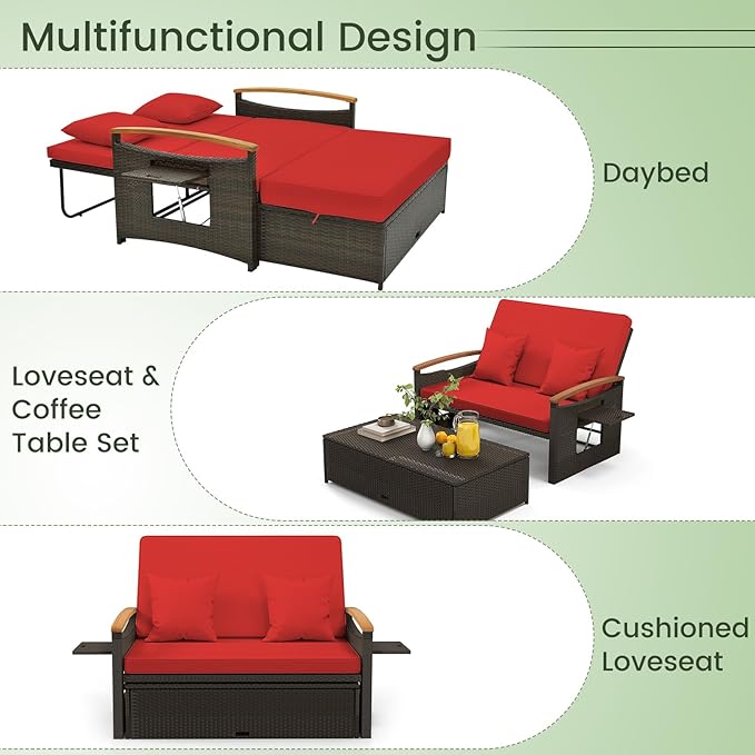 Tangkula Patio Rattan Daybed with 4-Level Adjustable Backrest, Outdoor Wicker Loveseat with Acacia Wood Armrest - Photo 6