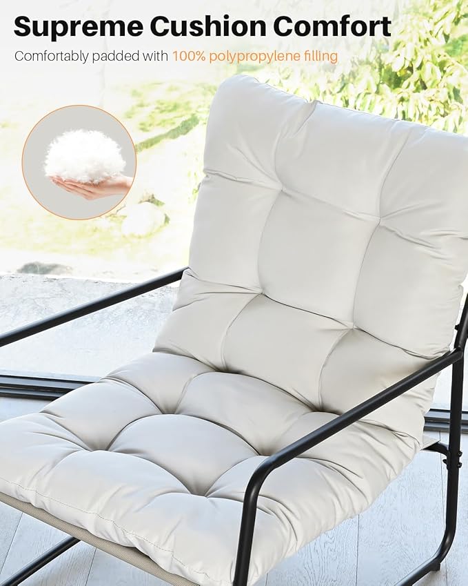 Patio Accent Chair, Modern Metal Outdoor Lounge Chair, Comfy Outdoor Accent Chair with Padded Seat, All Weather Outdoor Patio Chair for Living Room, Apartment, Bedroom, Poolside, Off-White