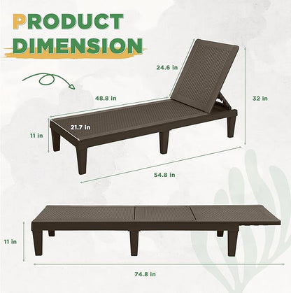 Greesum Outdoor Chaise Lounge Chairs Set of 2 with 5-Position Adjustable Backrest, Waterproof PP Sun Chaise Loungers for Garden Pool Beach Patio Deck Sunbathing, Brown