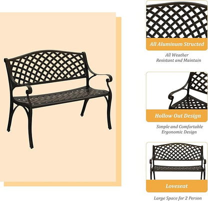 Clihome Patio Bench Garden Benches for Outdoors Cast Aluminium Park Bench Metal Porch Bench Front Porch Bench for Outdoor for Balcony, Porch, Backyard, Garden