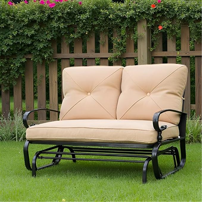 SUNCROWN Outdoor Swing Glider Chair, Patio 2 Seats Loveseat Rocking Chair with Cushions, Steel Frame Furniture - Brown - Photo 3