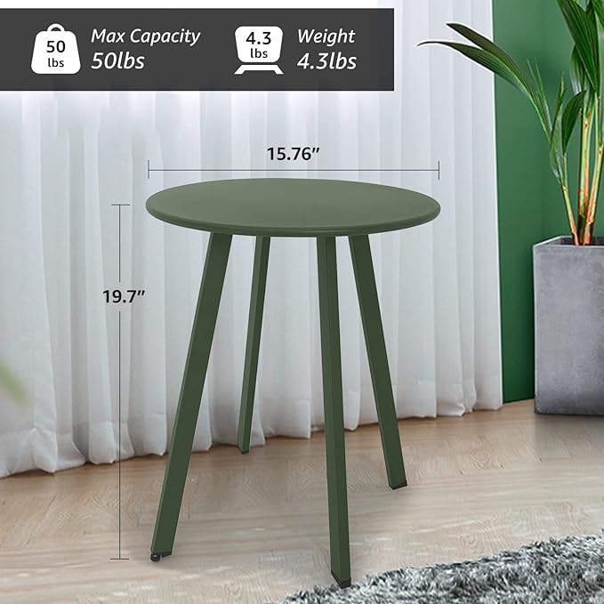 Outdoor Table, Weather Resistant Patio Round Metal Steel Small Table, Waterproof End Table for Garden Balcony Yard, Dark Green