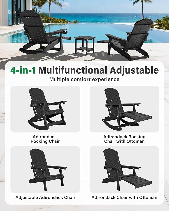 YEFU Outdoor Rocking Chairs Set of 2, Adirondack Chair with Retractable Ottoman, Adjustable Adirondack Rocking Chair,Rockings Chairs Outside,Weather Resistant,for Patio,Porch,Lawn,Heavy Duty,Black