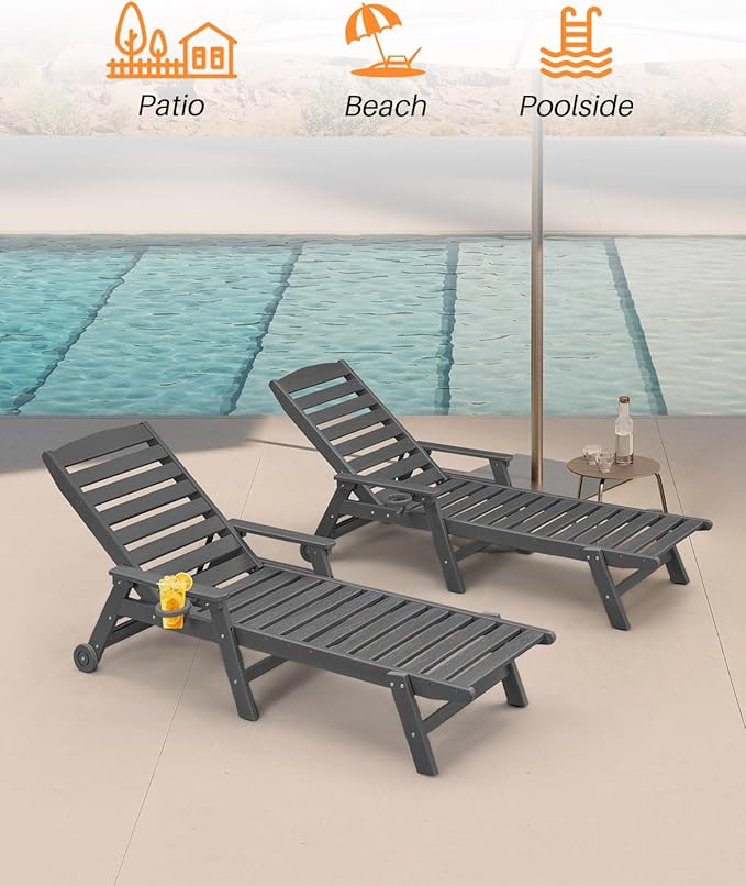 HDPE Patio Lounge Chair Set of 2, 78.4'' Outdoor Poly Lounge Chairs, 5-Position Adjustable Outdoor Lounger with Wheels & Cup Holder, HDPE Patio Chaise Lounges for Backyard, Deck, Smoke Gray