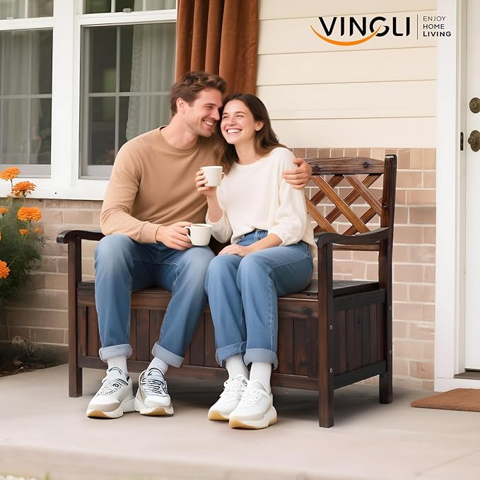 VINGLI Outdoor Storage Bench, Large Wood Deck Box with Seating, Weatherproof Outdoor Bench with Storage Loveseat - Photo 2