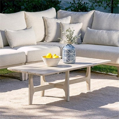Pemberly Row Rectangle Teak Wood Outdoor Coffee Table, 55" W x 24" D x 17" H, Matte Gray Finish, Hand-Finished with Two-Sided Tapered Legs, Durable Patio and Garden Furniture with Plastic Floor