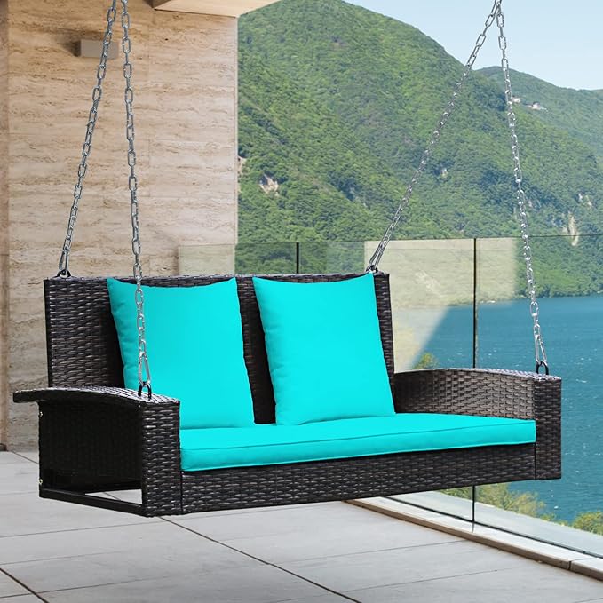 RELAX4LIFE Porch Swing 2-Seat Patio Rattan, Wicker Porch Swings Outdoor W/Two 7.9 Ft Solid Steel Chain - Photo 2