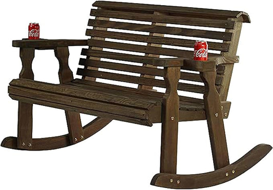 Amish Casual Heavy Duty 800 Lb Roll Back Pressure Treated Double Rocker with Cupholders (Dark Walnut Stain)