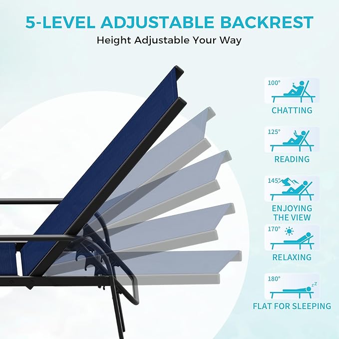 Outdoor Lounge Chair, Adjustable Patio Reclining Chaise with Textilene Fabric, Pool Lounge Chair with 5-Position Backrest for Patio, Garden, Poolside & Balcony,Navy Blue Set of 4