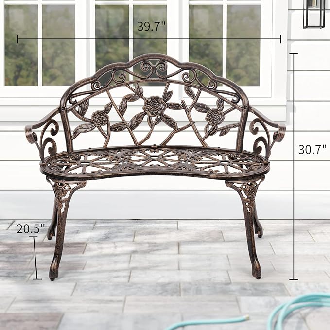 YRLLENSDAN Outdoor Bench 40in Steel Front Porch Decor Floral Garden Bench, Rose Metal Bench Outdoor Loveseat Cast Iron Patio Furniture Lawn Path Yard Deck Decor for 2 Person Seat, Bronze