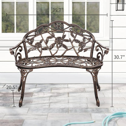 YRLLENSDAN Outdoor Bench 40in Steel Front Porch Decor Floral Garden Bench, Rose Metal Bench Outdoor Loveseat Cast Iron Patio Furniture Lawn Path Yard Deck Decor for 2 Person Seat, Bronze