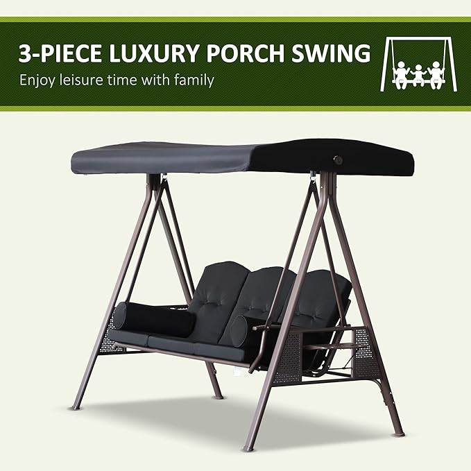 Outsunny 3-Seat Patio Swing Chair, Outdoor Porch Swing Glider with Adjustable Canopy, Removable Cushion - Photo 6