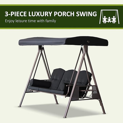 Outsunny 3-Seat Patio Swing Chair, Outdoor Porch Swing Glider with Adjustable Canopy, Removable Cushion, Pillows and Side Trays, for Garden, Poolside, Backyard, Black