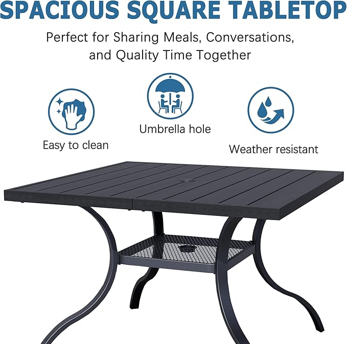 38" Square Patio Dining Table for 4, All-Weather Patio Table with Umbrella Hole, Outdoor Dining Table for Lawn Garden Porch, Black