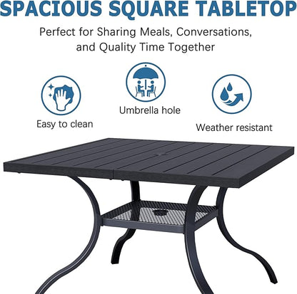 38" Square Patio Dining Table for 4, All-Weather Patio Table with Umbrella Hole, Outdoor Dining Table for Lawn Garden Porch, Black