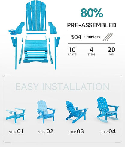 Adjustable Adirondack Rocking Chair with Retractable Ottoman,4-in-1 Multifunctional Folding Patio Chair with Cup Holder, Outdoor Chair Wood Texture for Lawn,Porch, Backyard,Pool(Pacific Blue)