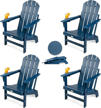 Folding Adirondack Chairs Set of 4, All Weather Stable Gun-Leg Design Fire Pit Chairs with Cupholder for Outside