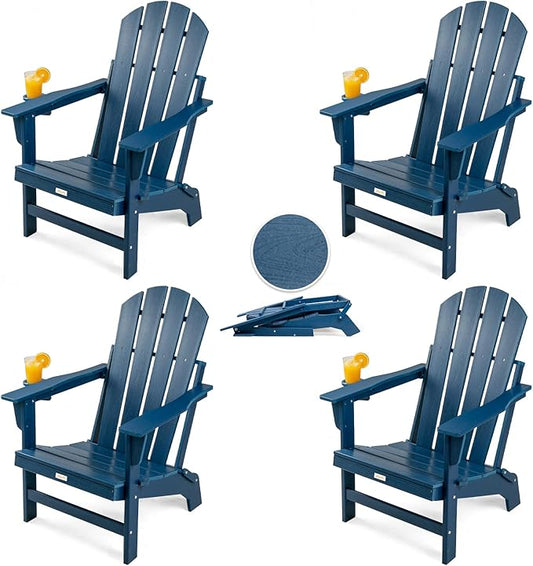 Folding Adirondack Chairs Set of 4, All Weather Stable Gun-Leg Design Fire Pit Chairs with Cupholder for Outside