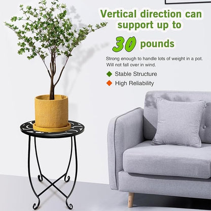 15 Inch Tall Metal Plant Stand Indoor Outdoor, Round Side Table with Swirl Pattern, Rust Resistant Iron Flower Pot Holder for Patio Garden Porch Living Room