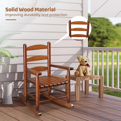 JOYMOR Outdoor Wooden Rocking Chair for Kids with High Backrest, Toddler Rocker Weather, Patio Rocker Chair Suitable for Porch, Garden, Balcony