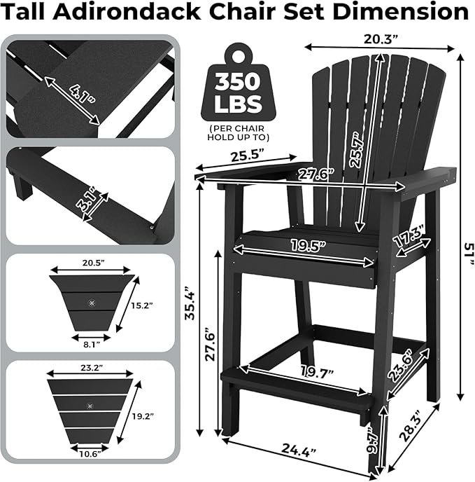 2-Pack High Back Adirondack Bar Stools with Connecting Tray, All-Weather HDPE Recycled Plastic Outdoor Bar Chairs, Umbrella Hole, Built-in Footrest, 350lbs Capacity for Deck/Patio/Backyard, Black
