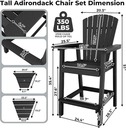 2-Pack High Back Adirondack Bar Stools with Connecting Tray, All-Weather HDPE Recycled Plastic Outdoor Bar Chairs, Umbrella Hole, Built-in Footrest, 350lbs Capacity for Deck/Patio/Backyard, Black