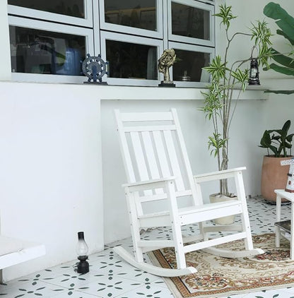 Oversized Rocking Chair with Wood-Texture, Outdoor Rocking Chair for Adults, All Weather Resistant Porch Rocker for Lawn Garden (White)