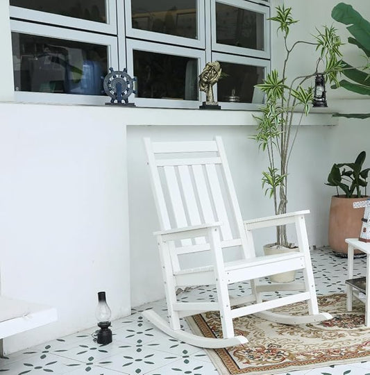 Oversized Rocking Chair with Wood-Texture, Outdoor Rocking Chair for Adults, All Weather Resistant Porch Rocker for Lawn Garden (White)