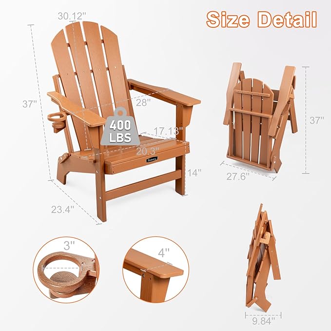 FUNBERRY Folding Adirondack Chair, HDPE Stable Gun-Leg Design Fire Pit Chairs with Cupholder All Weather for Outside