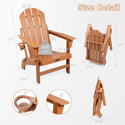 FUNBERRY Folding Adirondack Chair, HDPE Stable Gun-Leg Design Fire Pit Chairs with Cupholder All Weather for Outside