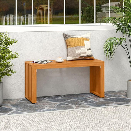 Solid Acacia Wood Patio Bench - Heavy Duty Backless Outdoor Bench for Garden, Yard, Porch - 2-Person Backless Outdoor Bench for Garden, Yard, Deck - Commercial Grade Wooden Seating - Teak