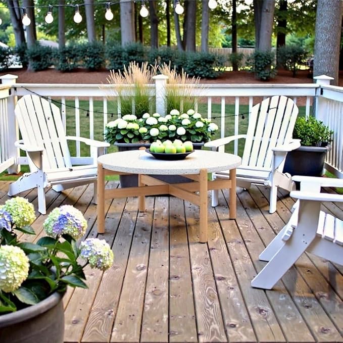 Round Outdoor Coffee Table in Brown Acacia Wood, Circle Coffee Table with Durable Terrazzo Top for Patio and Garden Lounge Settings