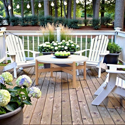 Round Outdoor Coffee Table in Brown Acacia Wood, Circle Coffee Table with Durable Terrazzo Top for Patio and Garden Lounge Settings