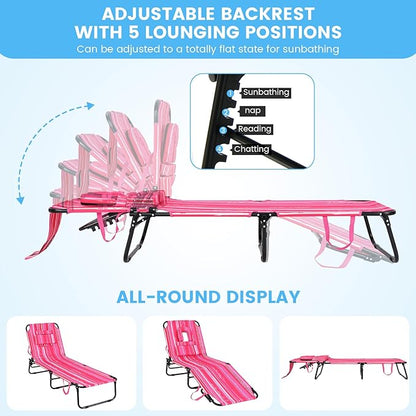 COSTWAY Tanning Chair with Face Hole, Pillows & Adjustable Backrest, Portable with Carrying Bag, Folding Beach Chaise Lounge for Sunbathing, Seaside (1, Pink & White)