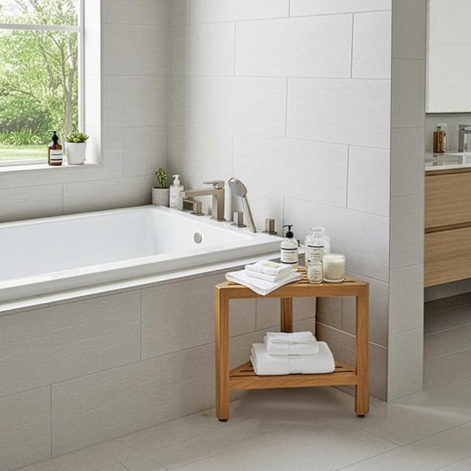 Asta Bora Solid Teak Indoor Outdoor Shower/Bath/Spa Corner Stool with Shelf, Fully Assembled, SpaTeak Collection, TB-009
